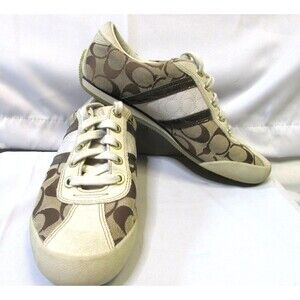 Coach Shoes Womens Size 8M Brown Beige Signature Canvas Meagan Logo Sneakers